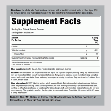 Konjac Root Fiber Glucomannan, 600 mg, 180 Quick Release Capsules