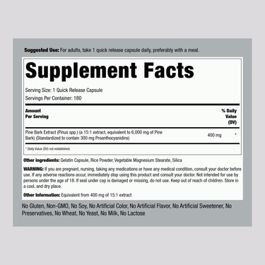 Supplement Facts panel shows details for Pine Bark 6000 mg, 180 capsules.