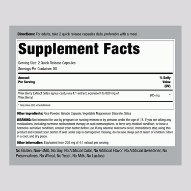 Supplement Facts panel for 820 mg Vitex Chasteberry Tree Capsules 100 count.