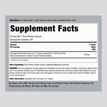 Supplement Facts panel showing Pine Bark Extract 1500 mg with 180 capsules.
