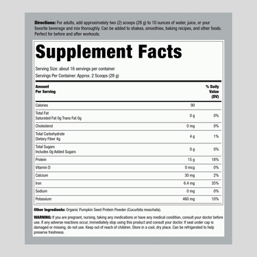Image of the Supplement Facts panel for Organic Pumpkin Seed Protein Powder, 16 oz, displaying nutritional information and serving details.