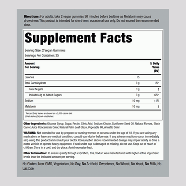 Image of Supplement Facts for Melatonin 10mg 70 Gummies showing nutrition details.