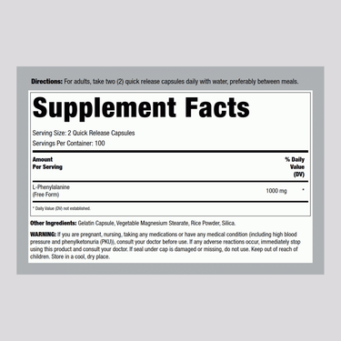L-Phenylalanine, 1000 mg (per serving), 200 Capsules