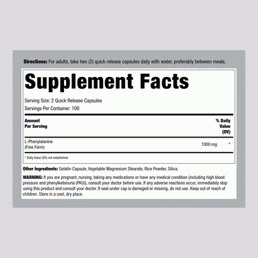 L-Phenylalanine, 1000 mg (per serving), 200 Capsules