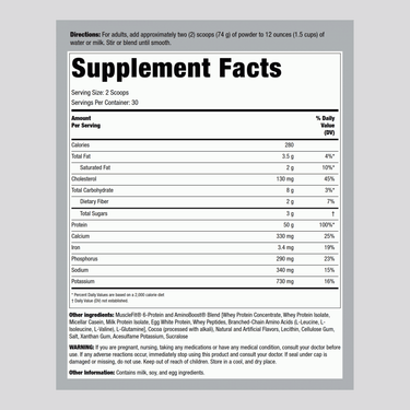 Supplement Facts panel for MuscleFit Protein Chocolate Ice Cream flavor.