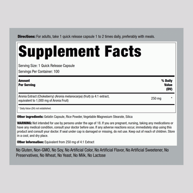 Supplement Facts panel for 1000 mg Aronia (Chokeberry) with 100 capsules.