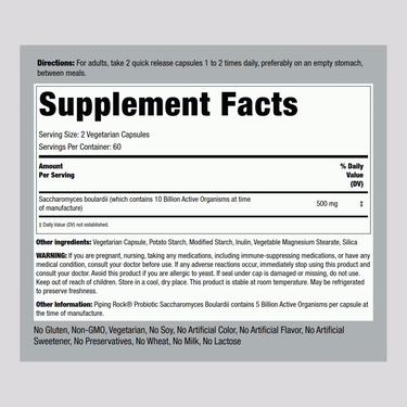 Supplement Facts panel for a bottle of Saccharomyces Boulardii containing 120 vegetarian capsules.