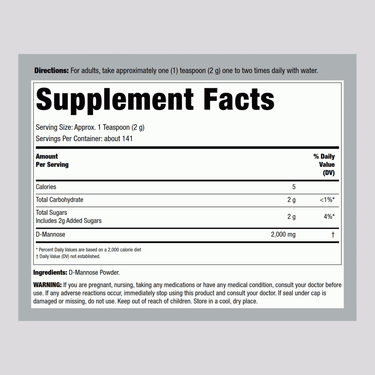 Supplement Facts panel showing details for Horbaach D-mannose Powder, 10 ounces.