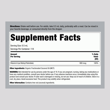 Supplement Facts panel for Vitamin A Liquid, 2 fl oz bottle.