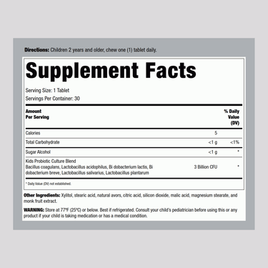 Ingredients and nutrition details for Ult Flora Kids 3B Chewable Tablets are shown on the Supplement Facts panel.