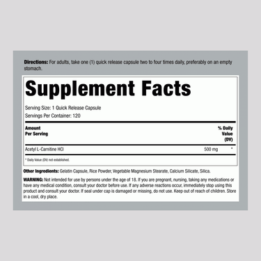 Image of Supplement Facts for Acetyl L-Carnitine, 500 mg, 120 capsules.