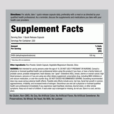 The Supplement Facts panel for DHEA 100 mg with details for 220 capsules.