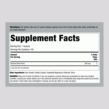 Taurine, 500 mg, 100 Quick Release Capsules