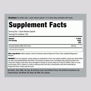 Supplement Facts panel for N-Acetyl Cysteine (NAC) 600mg, 250 Capsules, detailing ingredients and nutritional information.