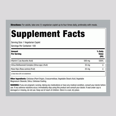 Supplement Facts for Vitamin C 500 mg with Rose Hips, 100 tablets.