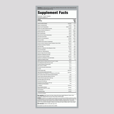 Description of the supplement facts panel for LN Varsity 2, detailing nutritional information for the product's 30 packets.