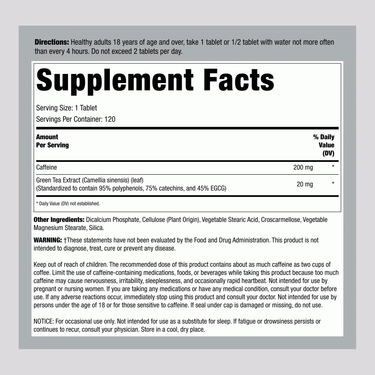 Caffeine 200 mg with Green Tea Extract, 120 Tablets
