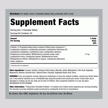 Supplement Facts for Adult Chewable Probiotic with 6 Billion CFU in a bottle of 100 tablets.