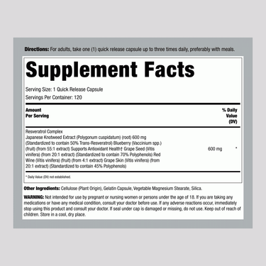 Supplement Facts panel for Resveratrol 600 mg, 120 Capsules.