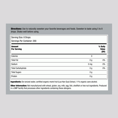Details of the Supplement Facts panel for Organic Monk Fruit Sweetener, 2 fl oz, listing ingredients and nutritional information.