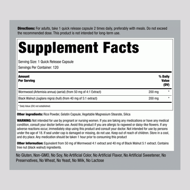 Supplement Facts panel showing details for Wormwood Black Walnut 400 mg, 120 capsules.