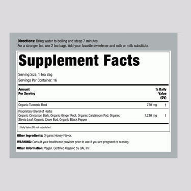 Honey Chai Turmeric Tea (Organic), 16 Tea Bags