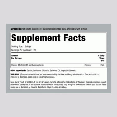 Vitamin D3, 1000 IU, 120 Quick Release Softgels
