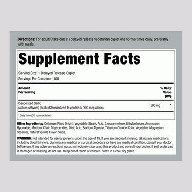 Supplement Facts for LN Garlic High Allicin-Odor Free 100 Tablets.