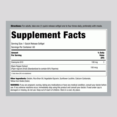 Image showing the Supplement Facts panel for LN CoQ10 100 mg 60 Softgels, detailing ingredients and nutritional information.