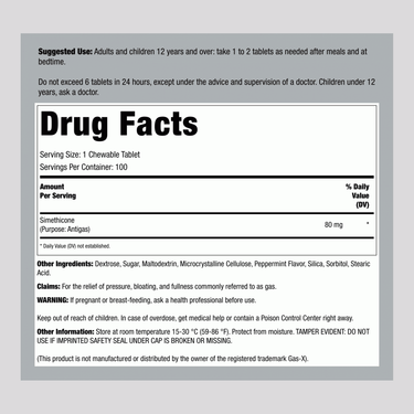 Supplement Facts for Geri-Care Gas Relief 80 mg Chew Tablets, 100 count.