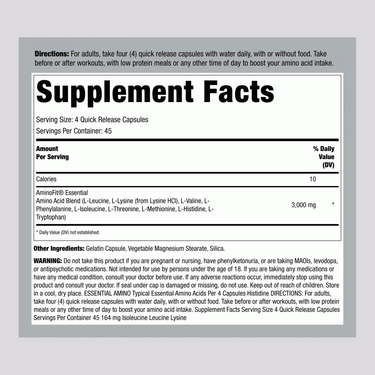 Supplement Facts label for FL AminoFit 180 capsules.