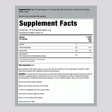 Image of Supplement Facts panel for Glucomannan Powder 8oz, detailing nutritional information and ingredients.
