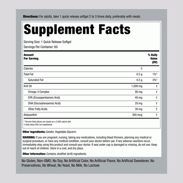 Supplement Facts panel detailing Krill Oil 1000 mg Softgels, 60 count.