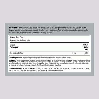 Supplement Facts panel detailing Horbaach Liquid Zinc 2 fl oz.