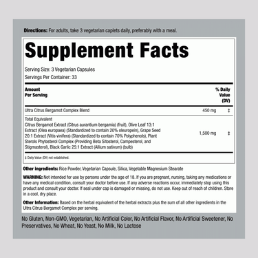 Supplement Facts panel showing Citrus Bergamot Complex 1,500 mg (3 x 500 mg) in 100 Veg Caps.
