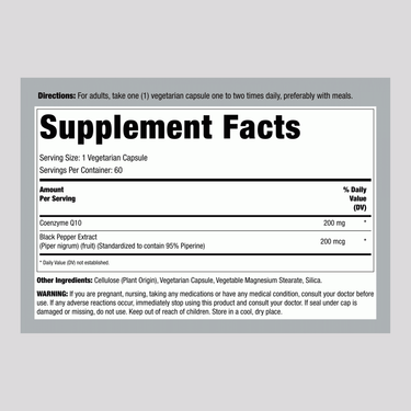 Supplement Facts for LN CoQ10 200 mg, 60 Veg Capsules.
