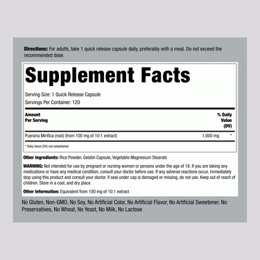 Supplement Facts panel showing details for Pueraria Mirifica 1000 mg with 120 capsules.