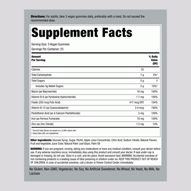 Supplement Facts panel detailing information for Iron Gummies, showing nutritional content and serving size for 70 gummies.