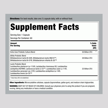 Supplement Facts for Ult Flora Extra Care 50 Billion, 60 Veg Capsules displayed.