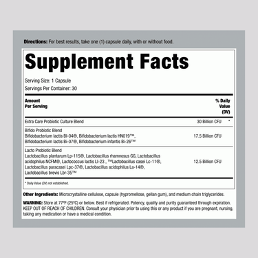 Supplement Facts label for Ult Flora Extra Care 30 Billion 30 Veg Caps.