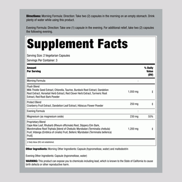 Supplement Facts for RN 3 Day Cleanse with 12 vegetable capsules listed, including all ingredients, serving size, and daily values.