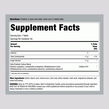 Supplement Facts panel for Ult Flora Kids 3 Billion, containing 60 chewable tablets.