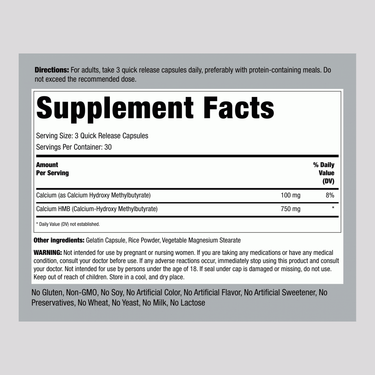 Image of Supplement Facts for Calcium HMB 750 mg Capsules in a clear and detailed display.