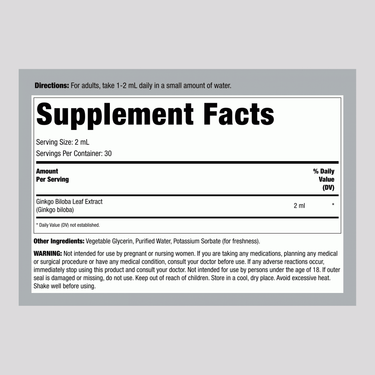 Supplement Facts panel for Ginkgo Biloba Liquid Extract 2 oz bottle.