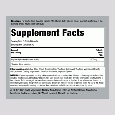 Max Strength AAKG Arginine Alpha-Ketoglutarate (Nitric Oxide Enhancer), 3600 mg (per serving), 120 Coated Caplets