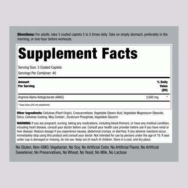 This is the Supplement Facts panel for Max Strength AAKG 3600 mg, containing details on its 120 coated caplets.