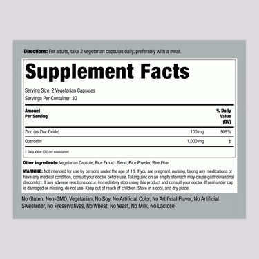 Ultra Quercetin Plus Zinc Complex, 1100 mg (per serving), 60 Vegetarian Capsules