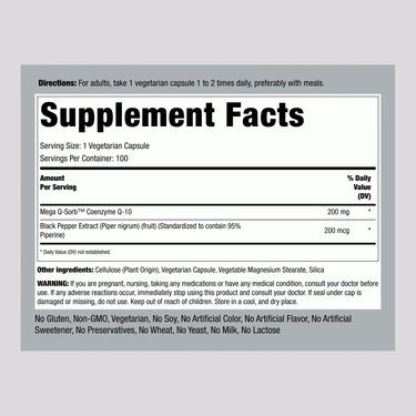 Image showing Supplement Facts for CoQ10 200 mg 100 Veg Capsules.