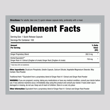 Supplement Facts label for Ginger Root 750 mg, 100 capsules.