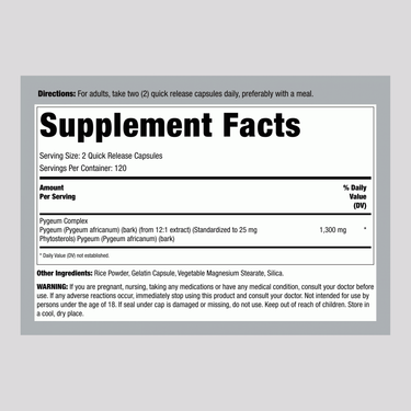 Ultra Standardized Pygeum, 1300 mg (per serving), 240 Quick Release Capsules